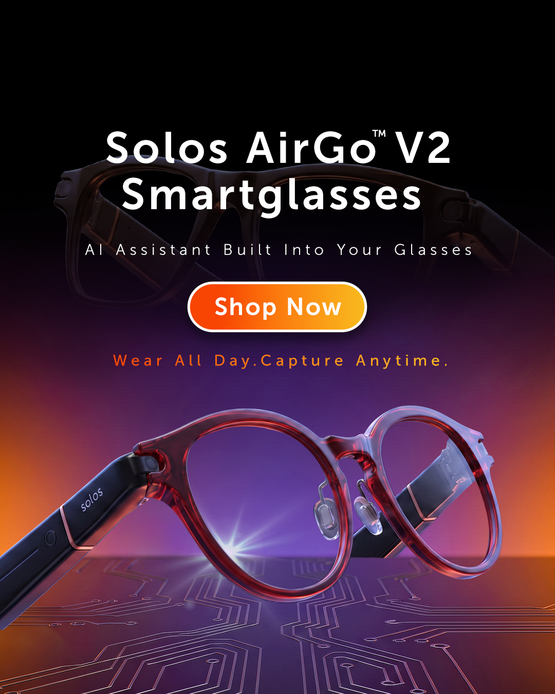 Solos AirGo V2 Smartglasses with blue light lens protection and AI assistance