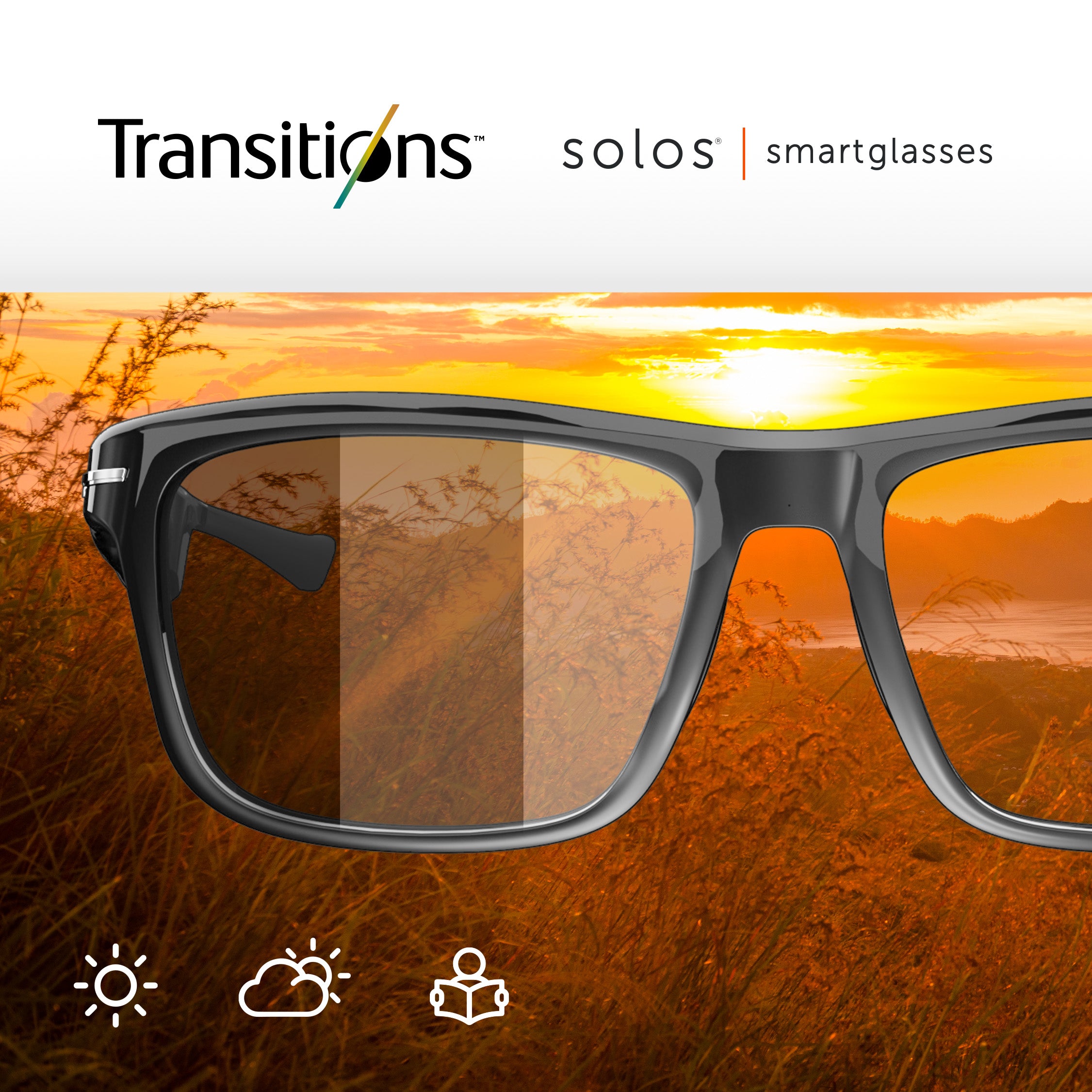 Transitions photochromic light-adaptive smartglasses lenses
